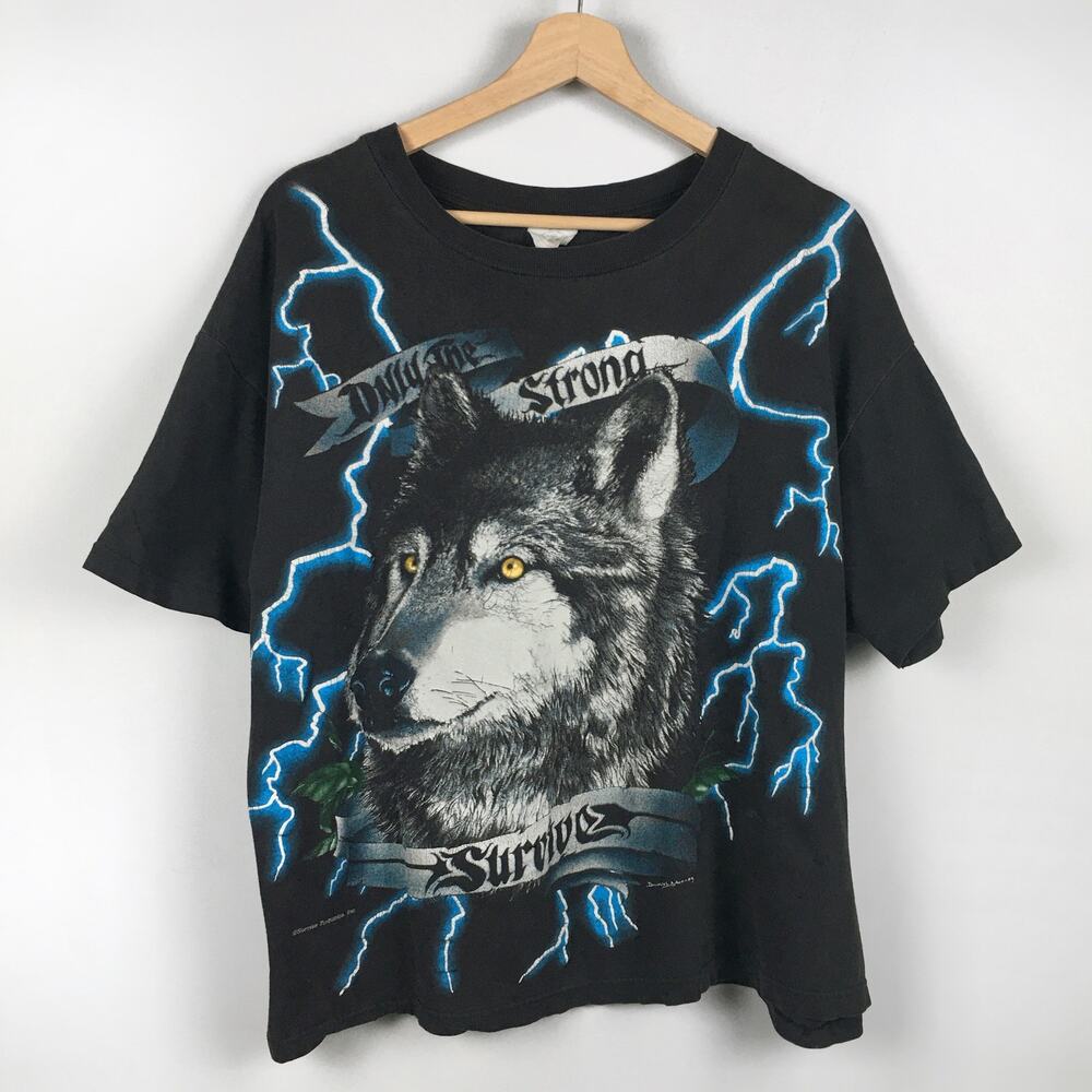 Vintage American Thunder Wolf Only the Strong Survive T Shirt Distressed AOP Tee